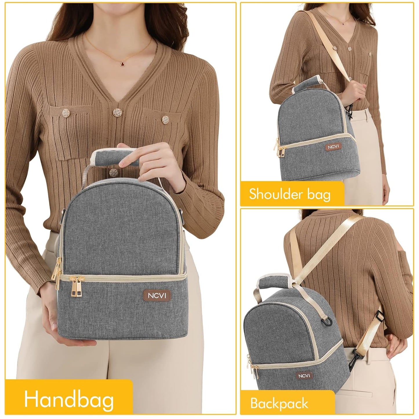 NCVI Breastmilk Cooler Bag with 2 Ice Pack, Breast Pump Bag with Cooler Fits 6 Bottles, Double Layer Breast Milk Baby Bottle Cooler Bag, for Travel, Nursing Mom Daycare, Work, Picnic (Grey)