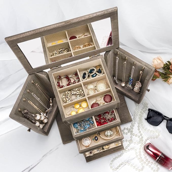 Jewelry Box for Women, Rustic Wooden Jewelry Boxes & Organizers with Mirror, 4 Layer Jewelry Organizer Box Display for Rings Earrings Necklaces Bracelets (Weathered Gray)