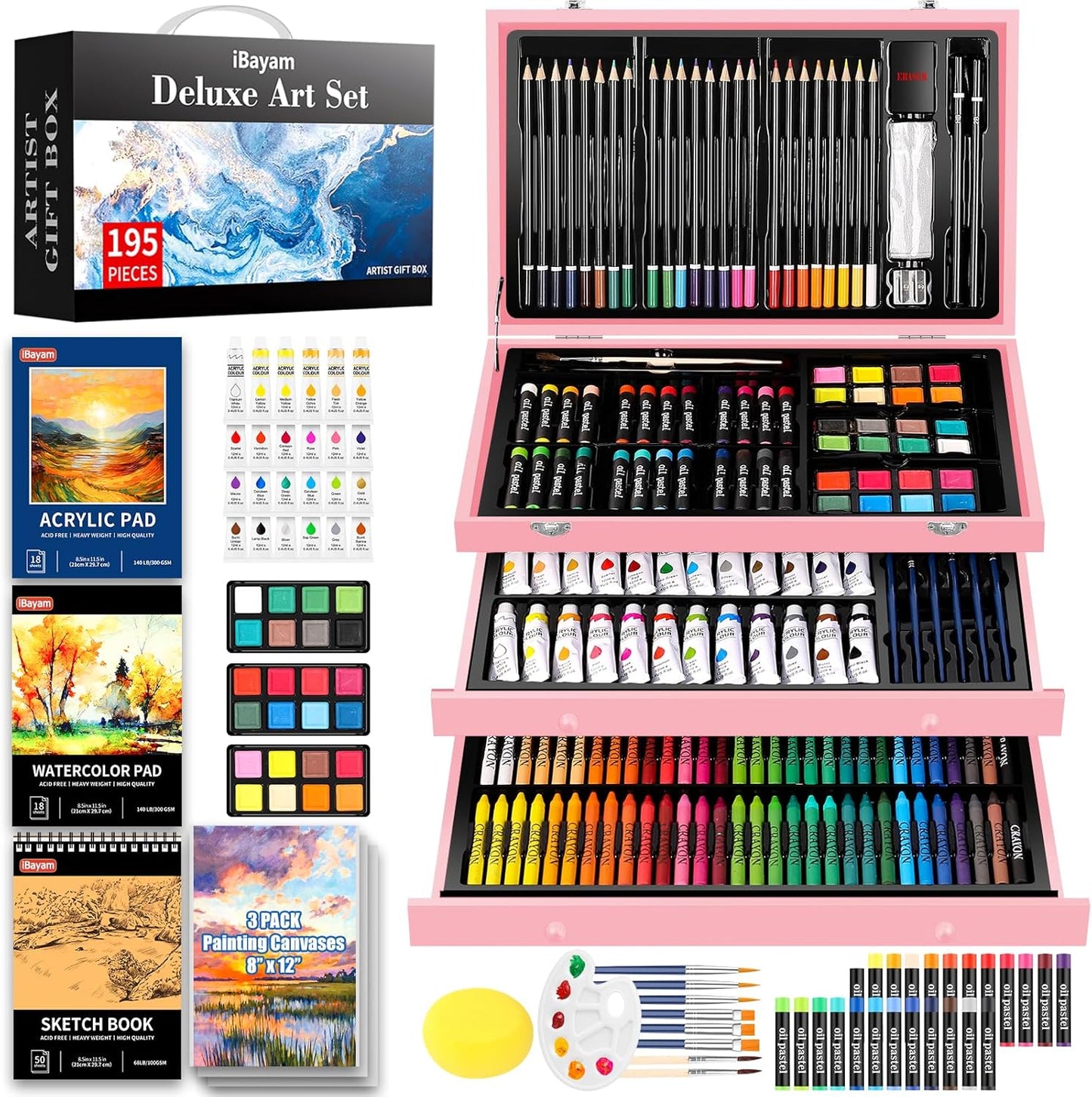 iBayam Gifts for Kids Teens Girls Women, 195-Pack Arts and Crafts Supplies for Adults Kids, Art Kits Paint Set for Acrylic Oil Watercolor Canvas Ceramic Rock Eggs Egg Tempera, Easter Basket Stuffers