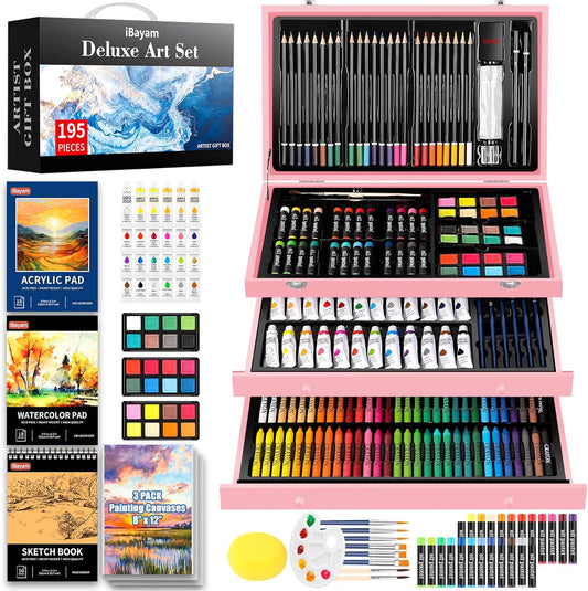 iBayam Gifts for Kids Teens Girls Women, 195-Pack Arts and Crafts Supplies for Adults Kids, Art Kits Paint Set for Acrylic Oil Watercolor Canvas Ceramic Rock Eggs Egg Tempera, Easter Basket Stuffers