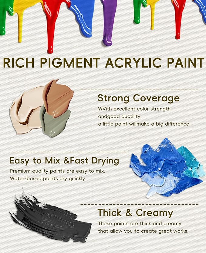 24 Colors Acrylic Paint Set, 2oz Bottles Classic Color, Rich Pigmented Canvas Paint Set, Premium Non-toxic Acrylic Paint for Artists, Kids & Adults, Art Supplies for Canvas Painting Rocks Wood Ceramic Model with 10 Brushes & Palette