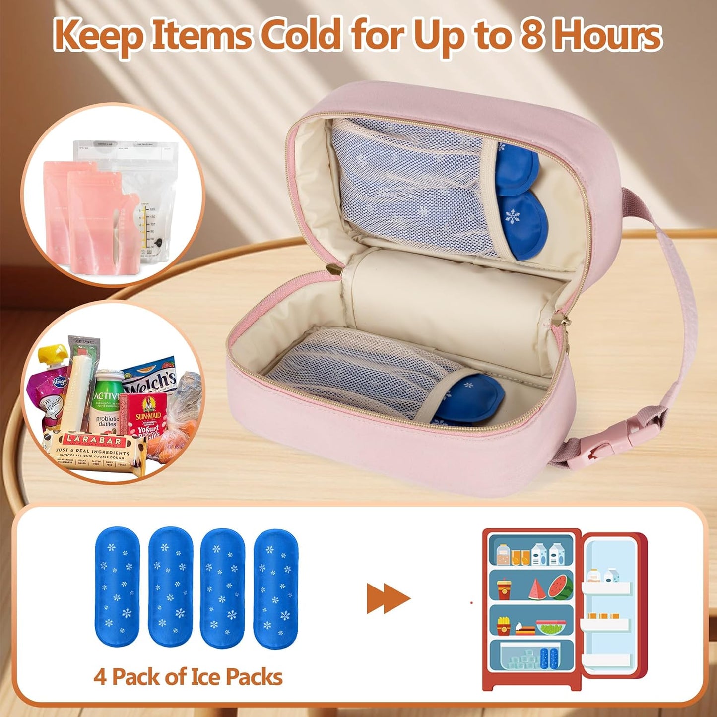 Damero Breastmilk Cooler Bag with 4 Ice Packs -Breastmilk Cooler Travel Bag Organizer with Detachable Buckle Handle for Daycare and Breastfeeding Mom,Pink