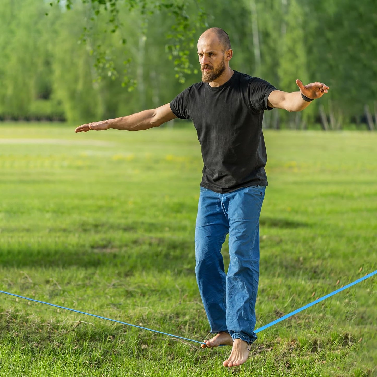 Get Out! Slackline Beginner Kit for Kids and Adults – Classic Slackline with Training Line Complete Kit Bright Blue