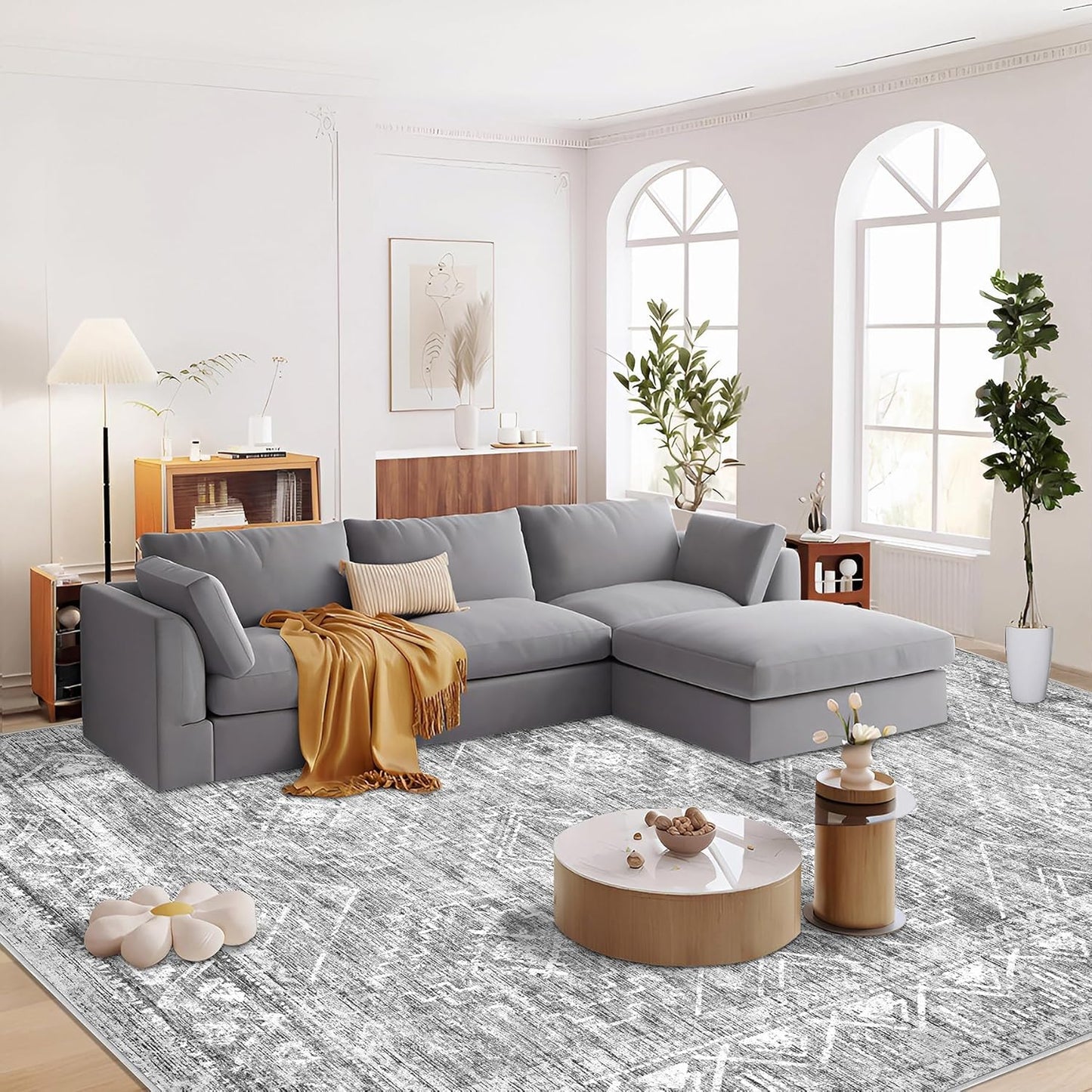 Large Living Room Area Rug 9x12 - Machine Washable Vintage Boho Moroccan Rugs Geometric Neutral Rug Non-Shedding Low Pile Distressed Farmhouse Carpet for Bedroom Nursery Classroom Dorm (9 x 12, Grey)