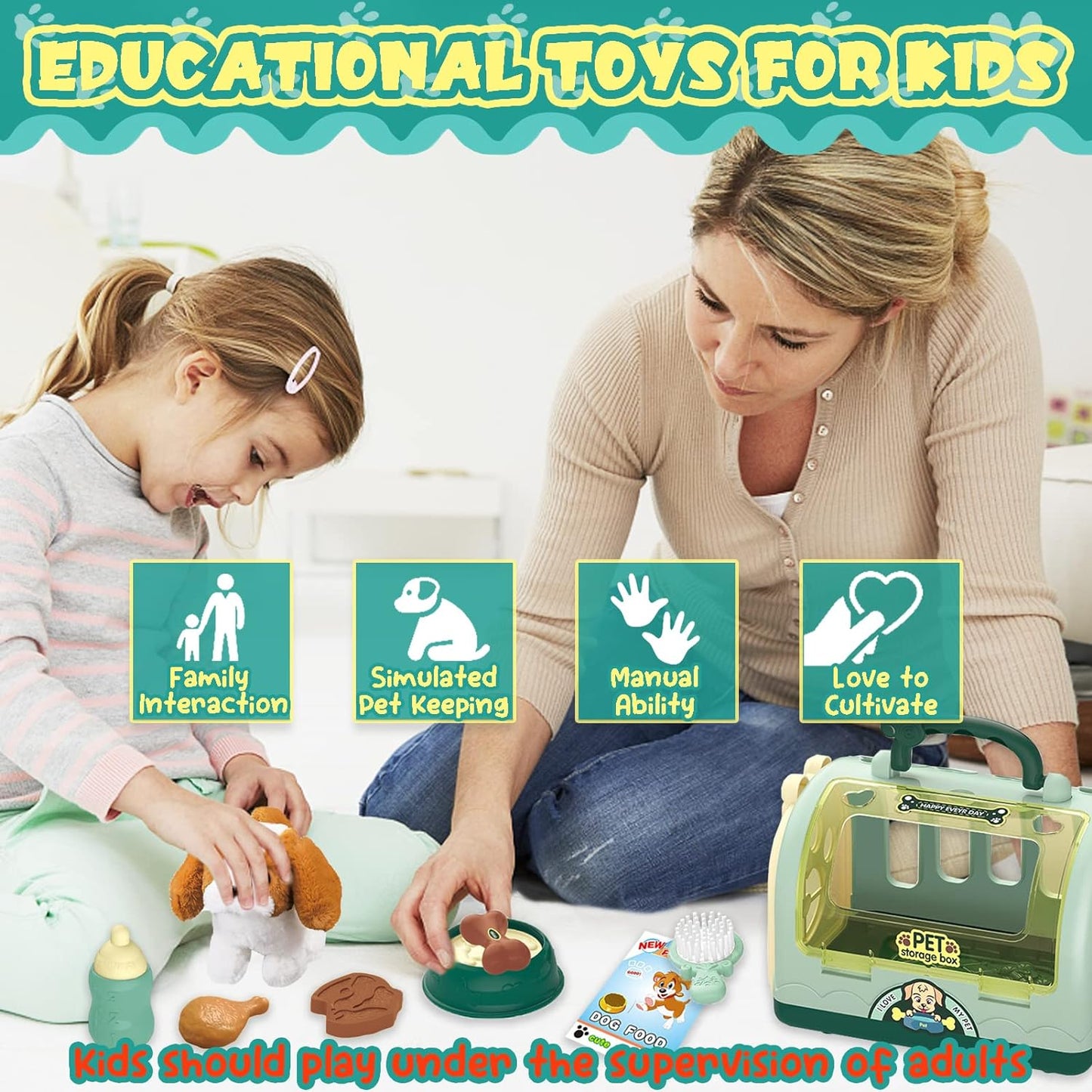 TEUVO Pet Care Play Set Robot Dog Toys for Kids, 12Pcs Kids Pretend Play Feeding Walk Bark Puppy Pet Toys with Interactive Electric Dog Plush & Cage, Xmas Gifts for Girls Toddlers 3 4 5 6 7 Years Old