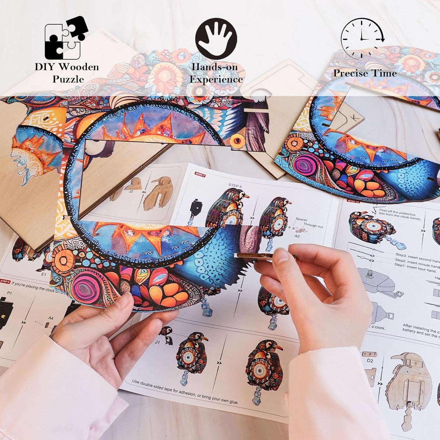 3D Puzzles for Adults Clock-Penguin Family Design Model Kit-Mechanical DIY Pendulum Clock with Arabic Numerals-Desk Home Office Decor Personalized Gift for DIY Lovers