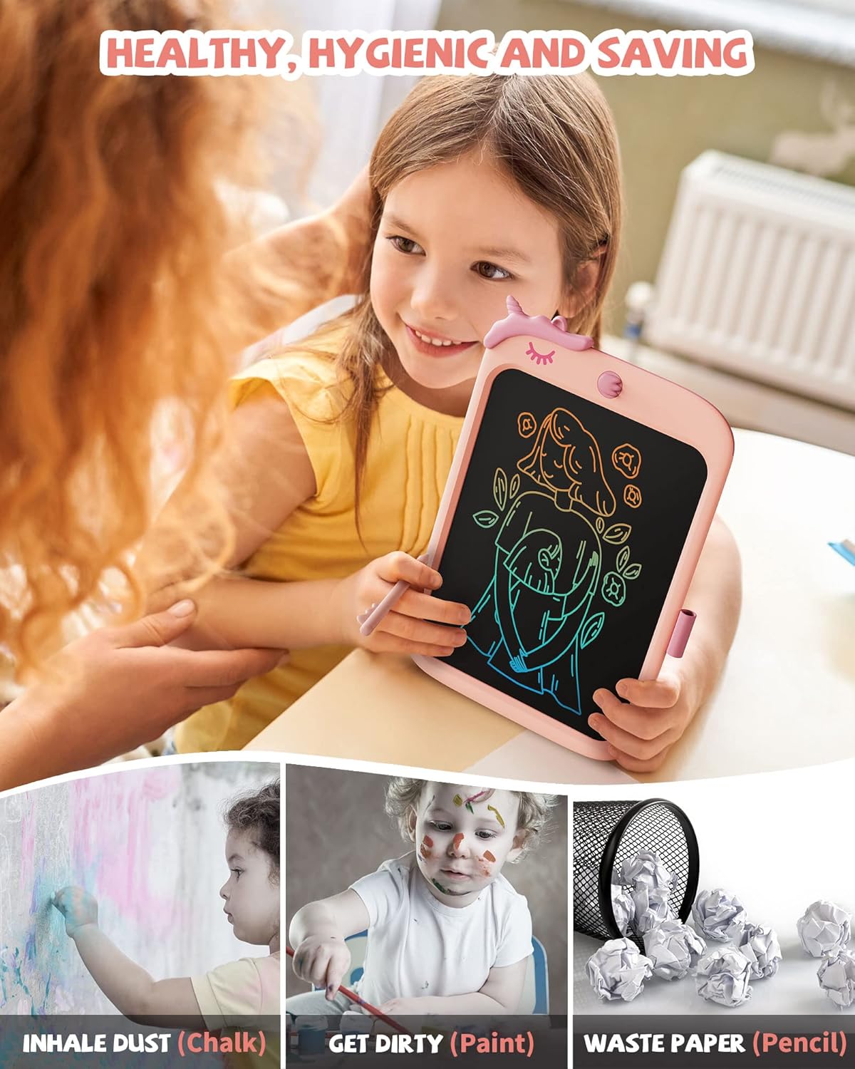 Kikapabi 10 Inch LCD Writing Tablet for Kids - Colorful Drawing Pad for Girls Aged 3-9 | Unicorn Toddler Travel Toys, Christmas Birthday Gift for Girls & Boys (Pink)