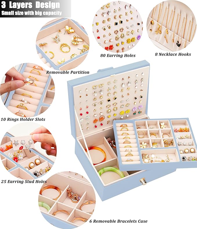 Girls Jewelry Box Earring Holder Organizer for Girls Jewelry Organizer Box Stud Earrings Organizer for Girls Womens Blue Jewelry Box for Earrings and Necklaces Rings Stud Earrings Box for Teen