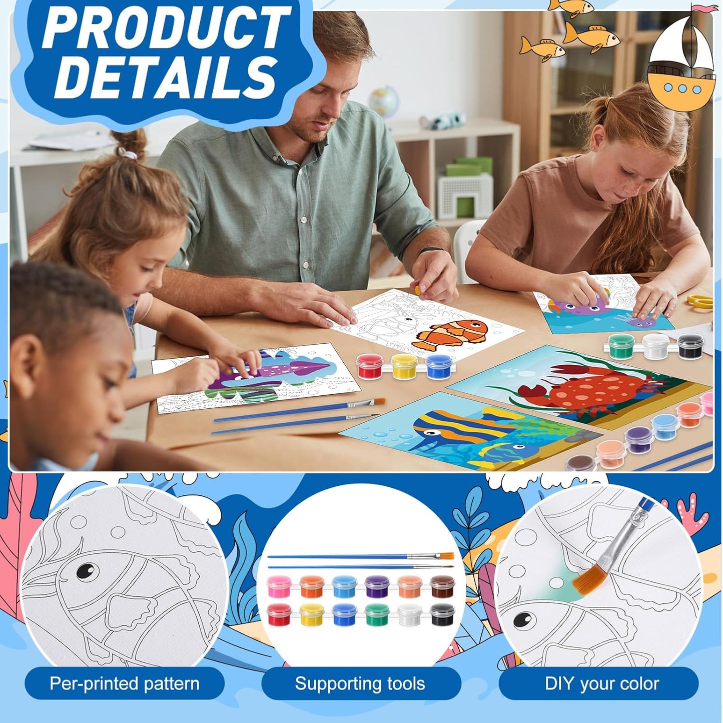 Blosssound 10 Set Pre Printed Canvas Pre Drawn Canvas Painting with Easel Kits 5" x 7" Outline Painting Panels for Beginners, DIY Craft Project, Party Favor, Home Decors(Ocean)