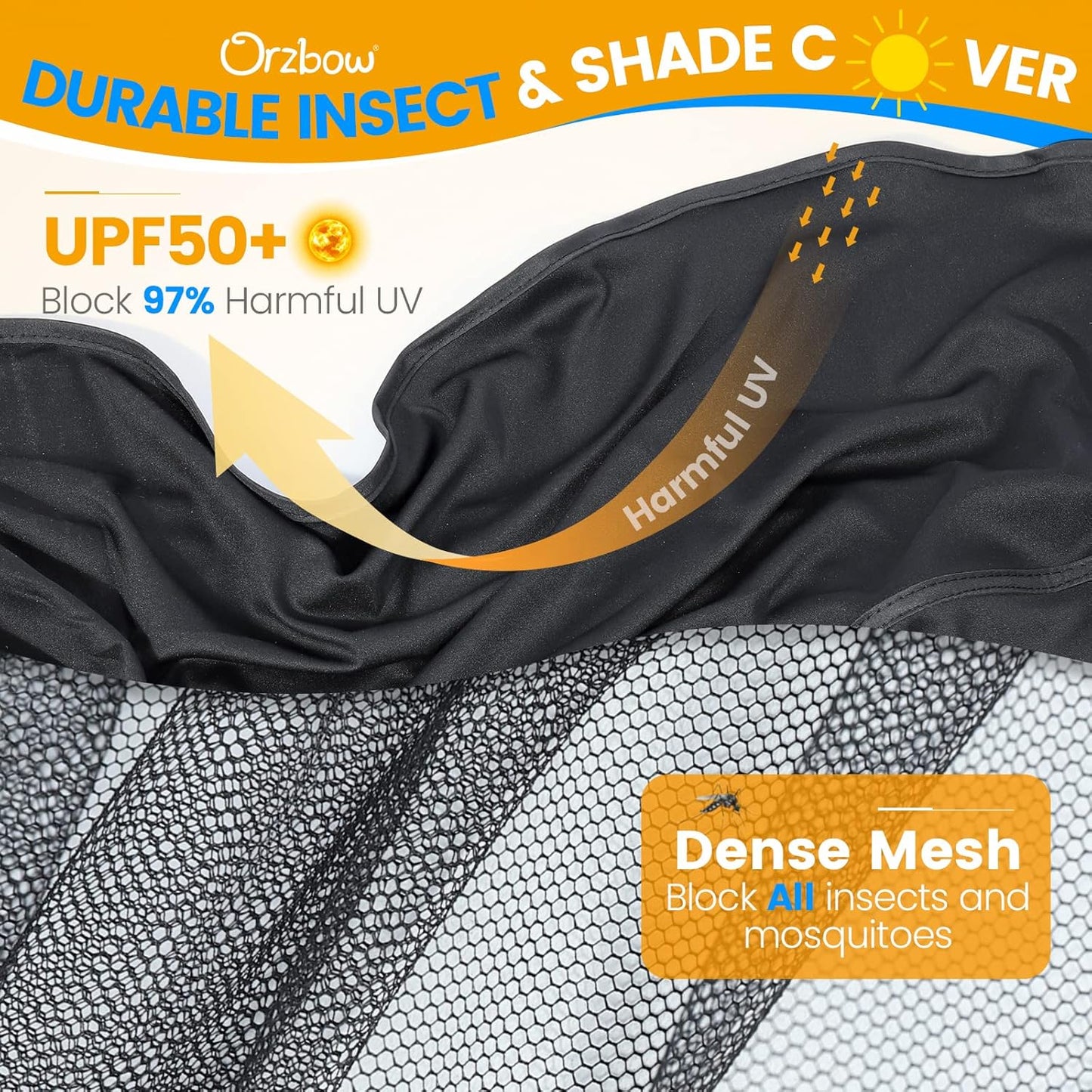 Orzbow 2-in-1 Baby Mosquito Net with UPF50+ Sunshade for Stroller, Breathable Stroller Mosquito Netting Privacy Cover with Two-Way Zipper & Storage Bag for Bassinet, Carrycot & Car Seat, Black