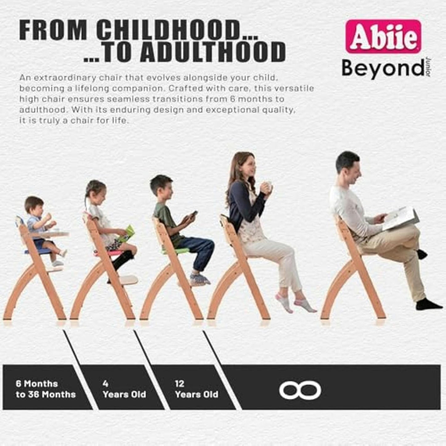 Abiie Beyond Junior Wooden High Chair with Tray - Adjustable and Convertible High Chair for Babies and Toddlers - 6 Months to 250 Lb - Water Resistant - Natural Wood/Dove Grey Cushion