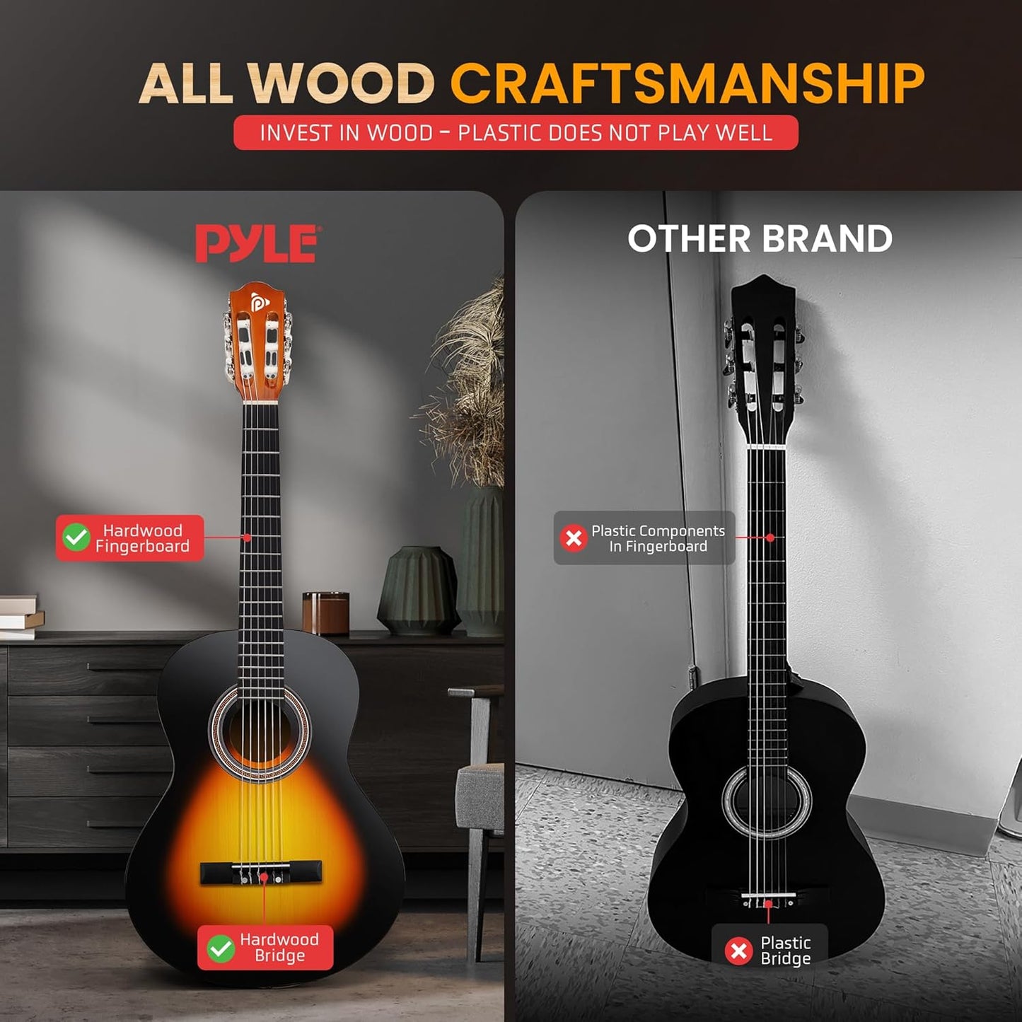 Pyle Beginner Acoustic Guitar Kit, 1/4 Junior Size All Wood Instrument for Kids, Adults, 30" Sunburst Teardrop Matte