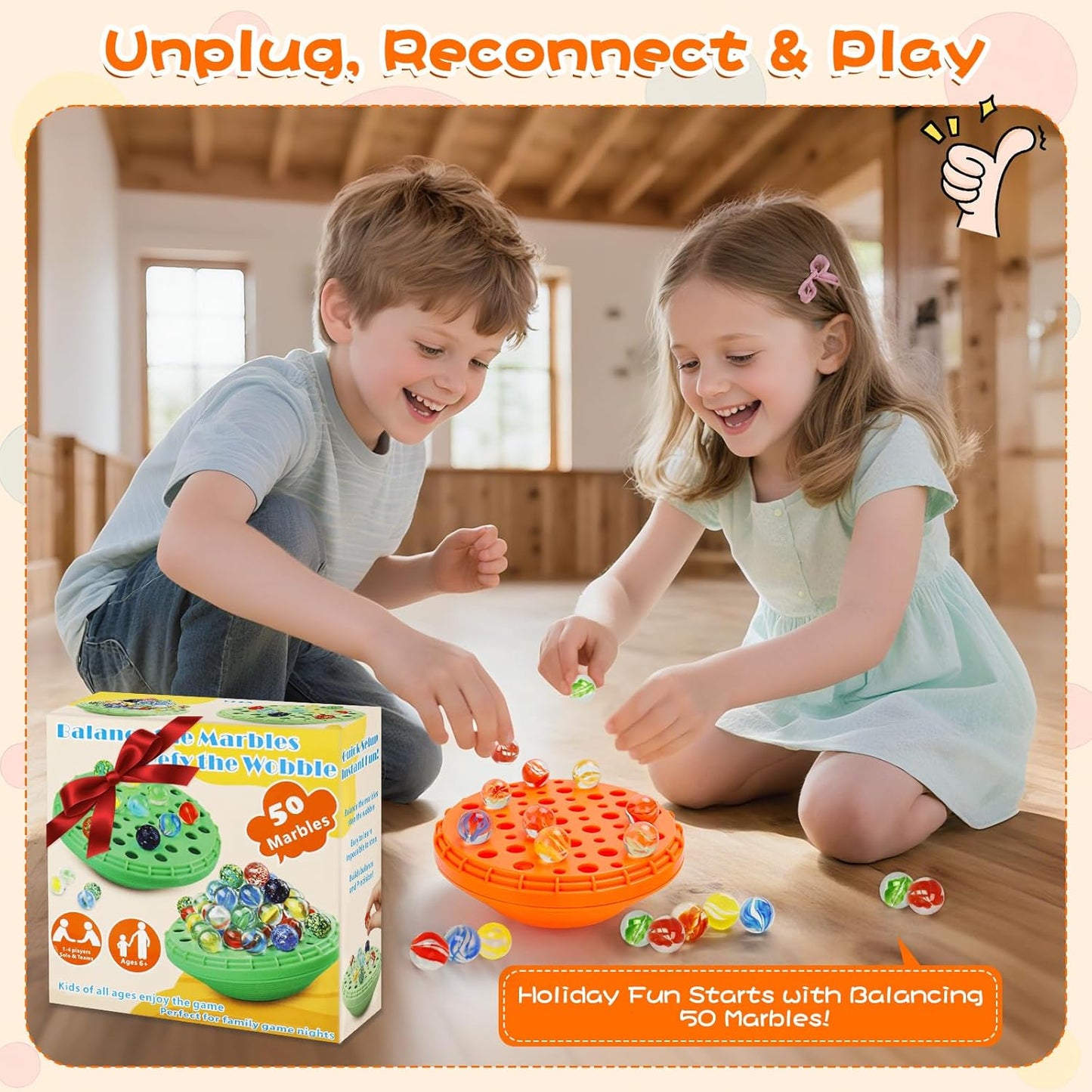 Marble Balance Game - 50 Colorful Marbles with Built-in Storage, Fun Family Challenge for 1-4 Players, Educational Toy for Kids & Adults, Perfect for Parties, Travel & Birthday Gifts (Pumpkin Orange)