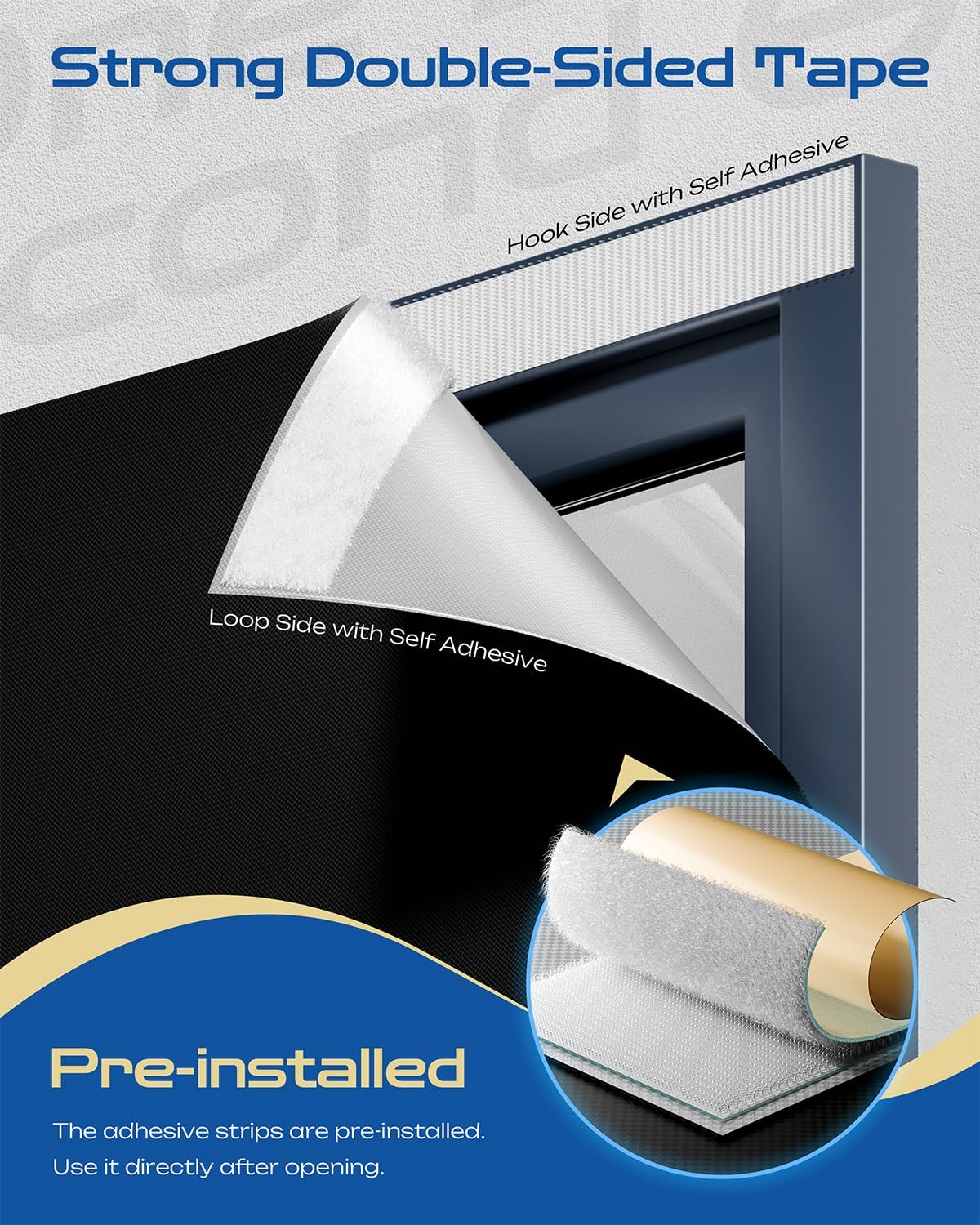 47" W x 60" L 100% Portable Blackout Curtains, Total Darkness No-Drill Black Out Window Cover,Temporary Blackout Shades with Hook & Loop Tape, for Bedroom, Nursery, Dorm, Travel (Black)