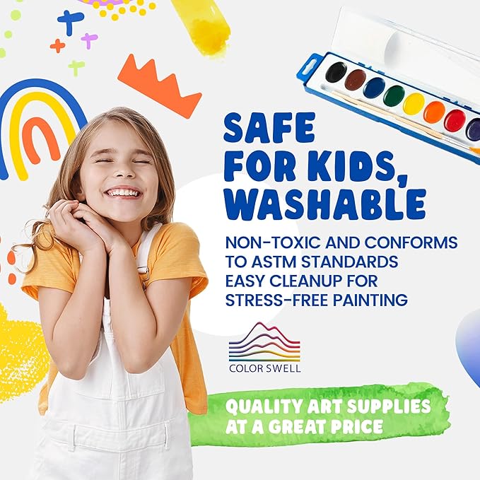 Color Swell Bulk Watercolor Paint 10 Pack with Wood Brushes 8 Washable Water Colors for Kids, Classrooms, Parties, All Ages
