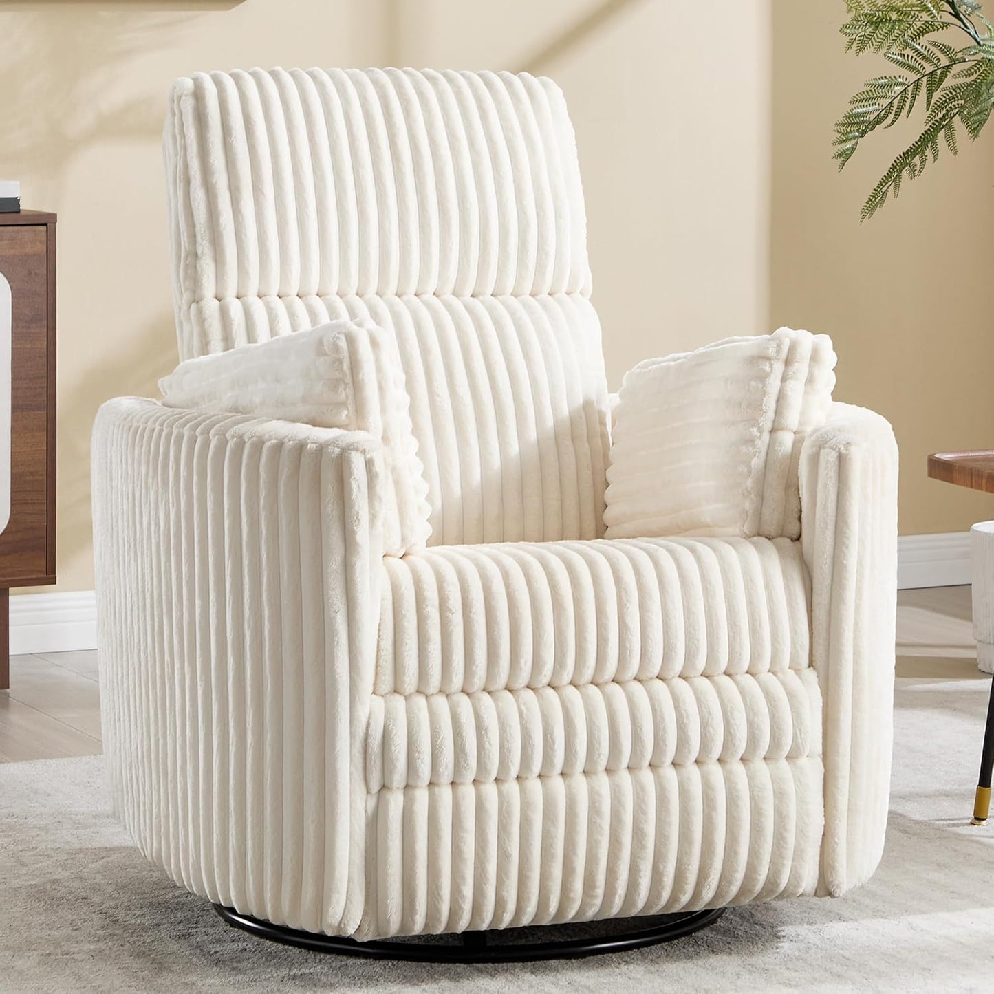 Recliner 360°Swivel Glider Rocking Chair, Upholstered Nursery Adult Rocking Chair with 2 Pillows for Living Room Bedroom (Beige Corduroy, Manual Operation)