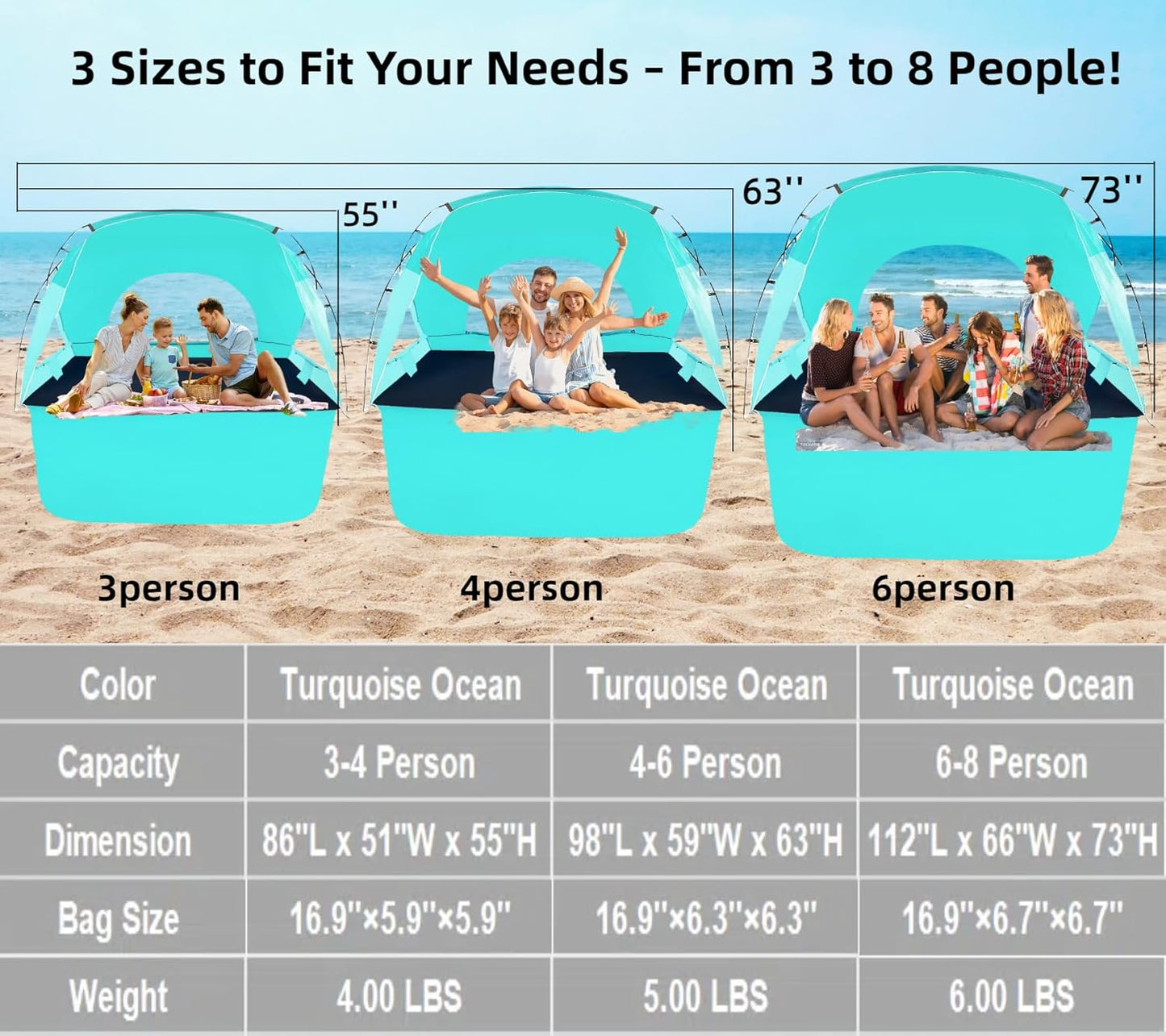 Beach Tent, Portable Sun Shelter for 2/3/4/6-8 Person with UPF 50+ UV Protection, Easy Setup Waterproof Beach Shade Canopy Cabana for Family Outdoor and Picnics, Fishing with Carrying Bag