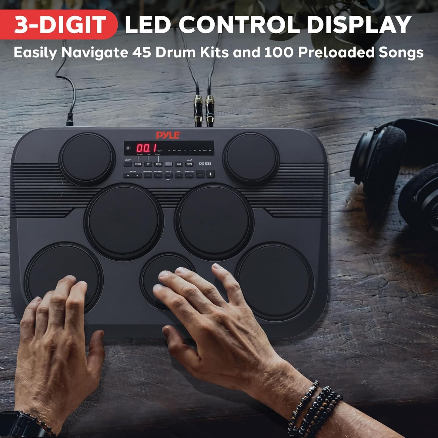 PylePro Pyle Electronic Tabletop Digital Set, Compact Portable Kit w/ 7 Touch Sensitive Pads and Pedals, 273 Sounds, USB & Headphone Outputs, MIDI/AUX Inputs, 4x5” Drums & 3x3.5” Cymbals (PTED03)