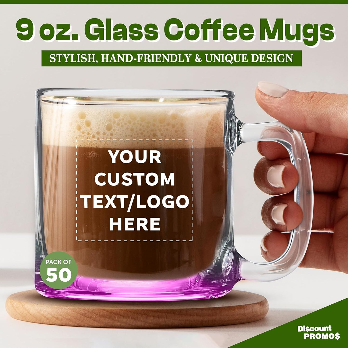 DISCOUNT PTOMOS Custom Small Glass Coffee Mugs 9 oz. Set of 50, Personalized Bulk Pack - Perfect for Coffee, Tea, Espresso, Hot Cocoa, Other Beverages - Pink