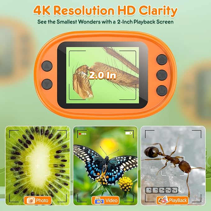 1000X Handheld Microscope for Kids 4K 2.0" Screen Rechargeable Mini Pocket Digital Microscopes w/Slides Kit Portable Edu Gift Age 4-6 8-12 Children Students