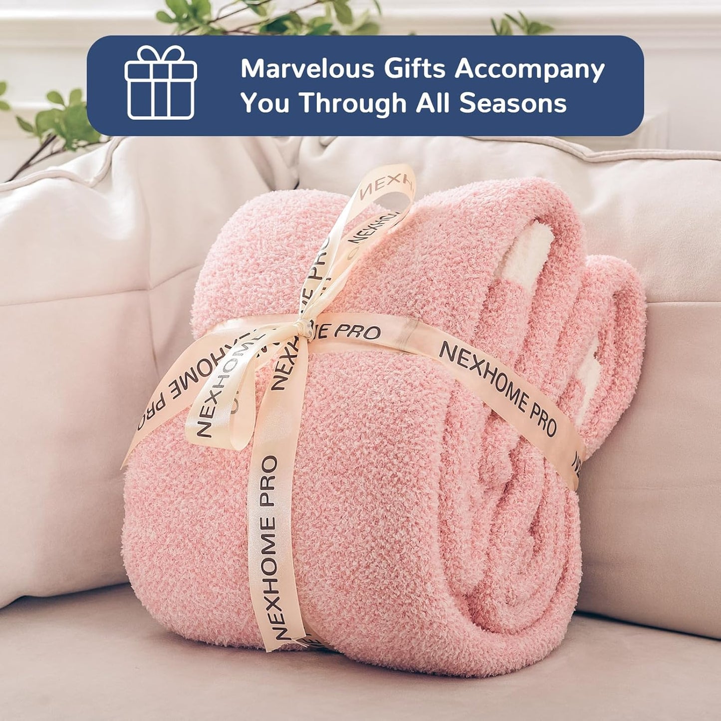 NEXHOME PRO Soft Blankets Pink, Cozy Throw Blanket for Couch, Warm Reversible Knit Blanket for Women, Fuzzy Lightweight Throws for Sofa, Bed, Picnic, Heather Hot Pink, 50 x 60 inches