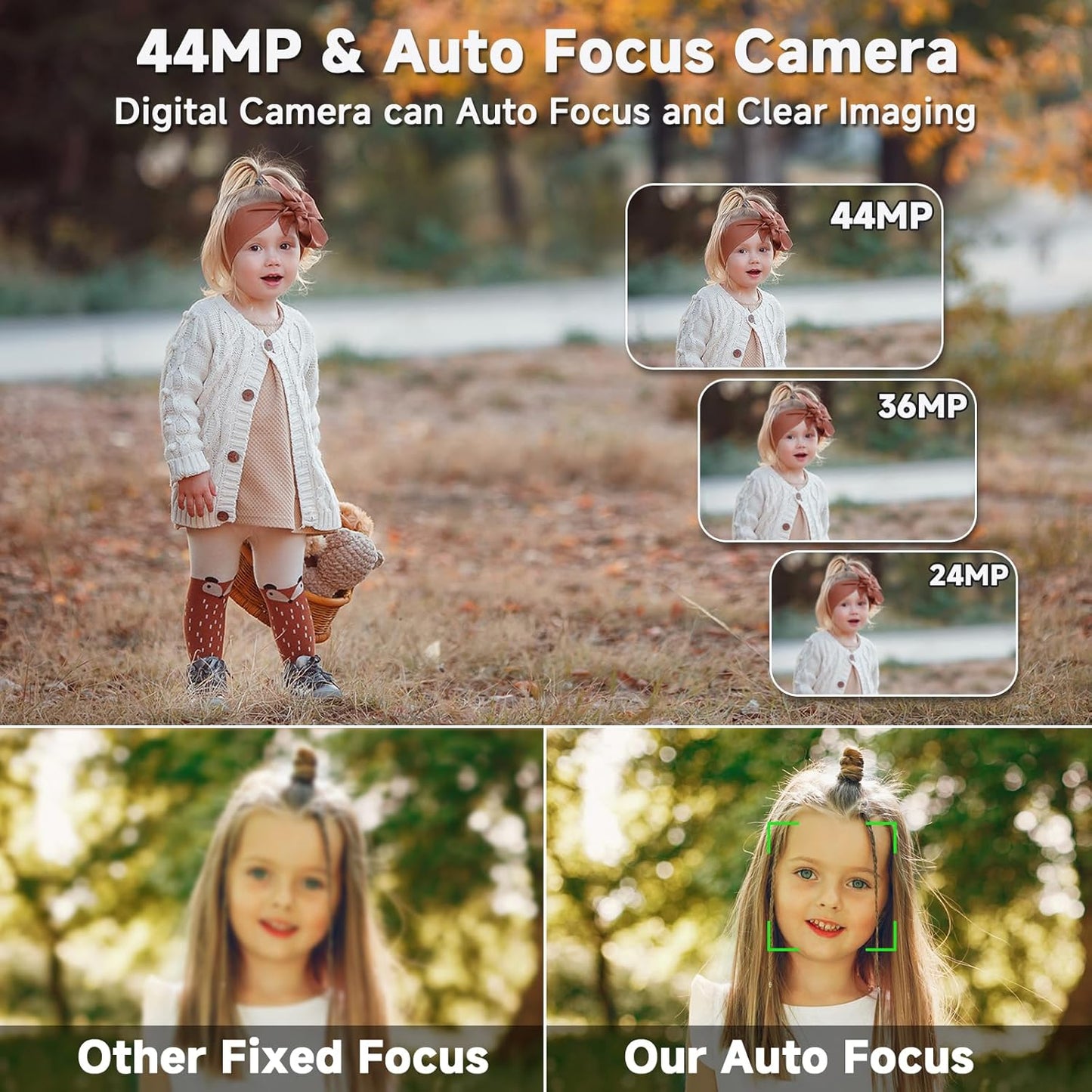 Digital Camera, FHD 4K 44MP Digital Camera, 16X Digital Zoom, Digital Point and Shoot Camera with 3-LED Fill Lights, 64GB SD Card, Compact Camera for Kids Teen Boys Girls, Purple