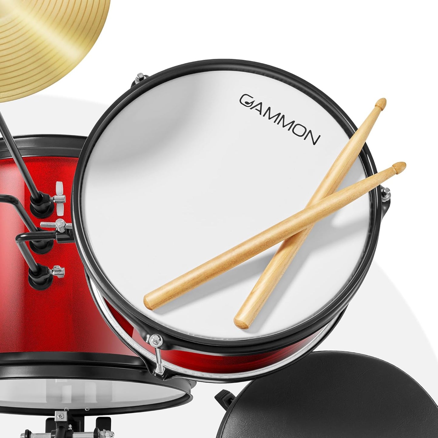 Gammon 3-Piece Junior Drum Set with Throne - Red, Complete Beginner Kit with Bass Drum, Toms, Cymbal, Pedal, and Drumsticks