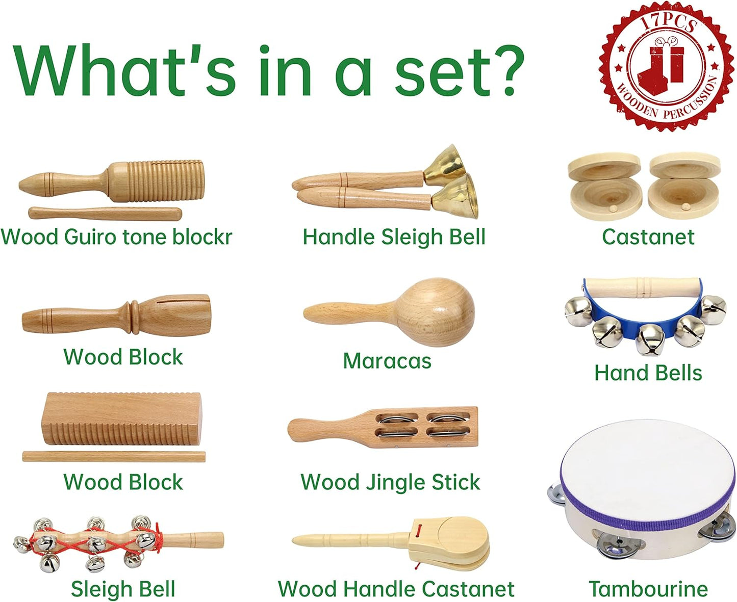 Musical Instruments , Natural Eco-Friendly Wooden Percussion Set Gift with Storage Box and Drawstring Backpack Bag-Improving Creativity and Coordination for Toddlers, Kids.