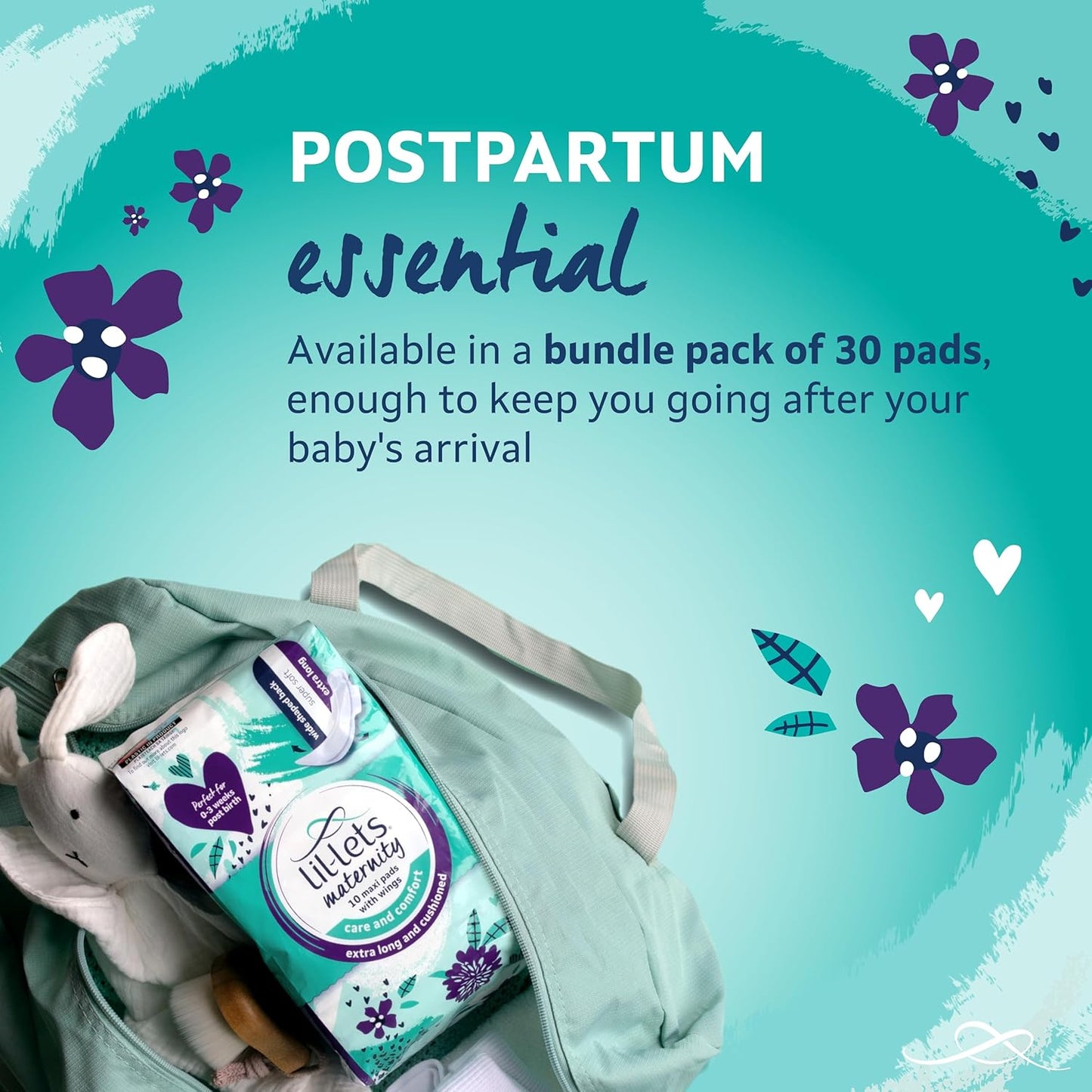 Lil-Lets Extra Long Postpartum Maxi Pads with Wings – 30 Pack Bundle for Post-Natal Bleeding & Heavy Flow – Postpartum Essentials - Extra Absorbent, Soft & Cushioned Maternity Towels, Fragrance-Free