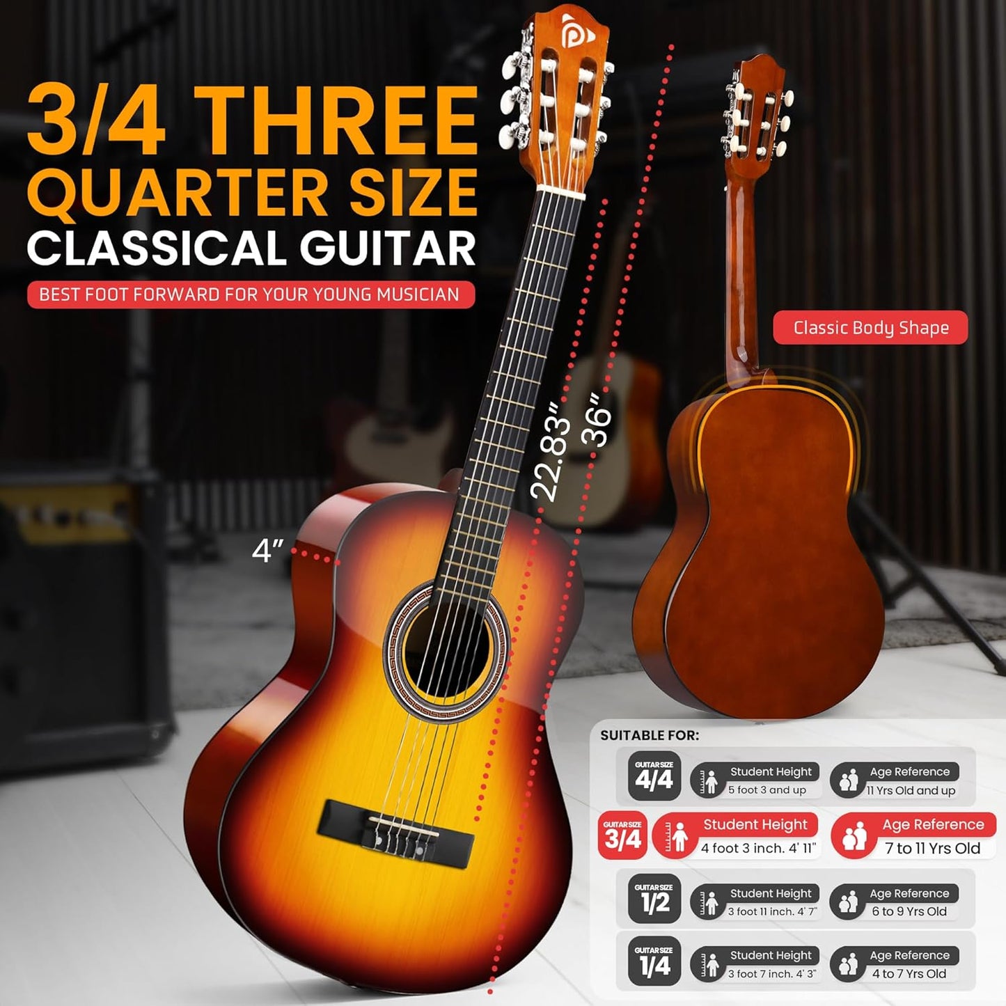Pyle 6 String Acoustic Guitar, Right, 6 Brown Burst, Gloss, 36" (PGACLS82BB)