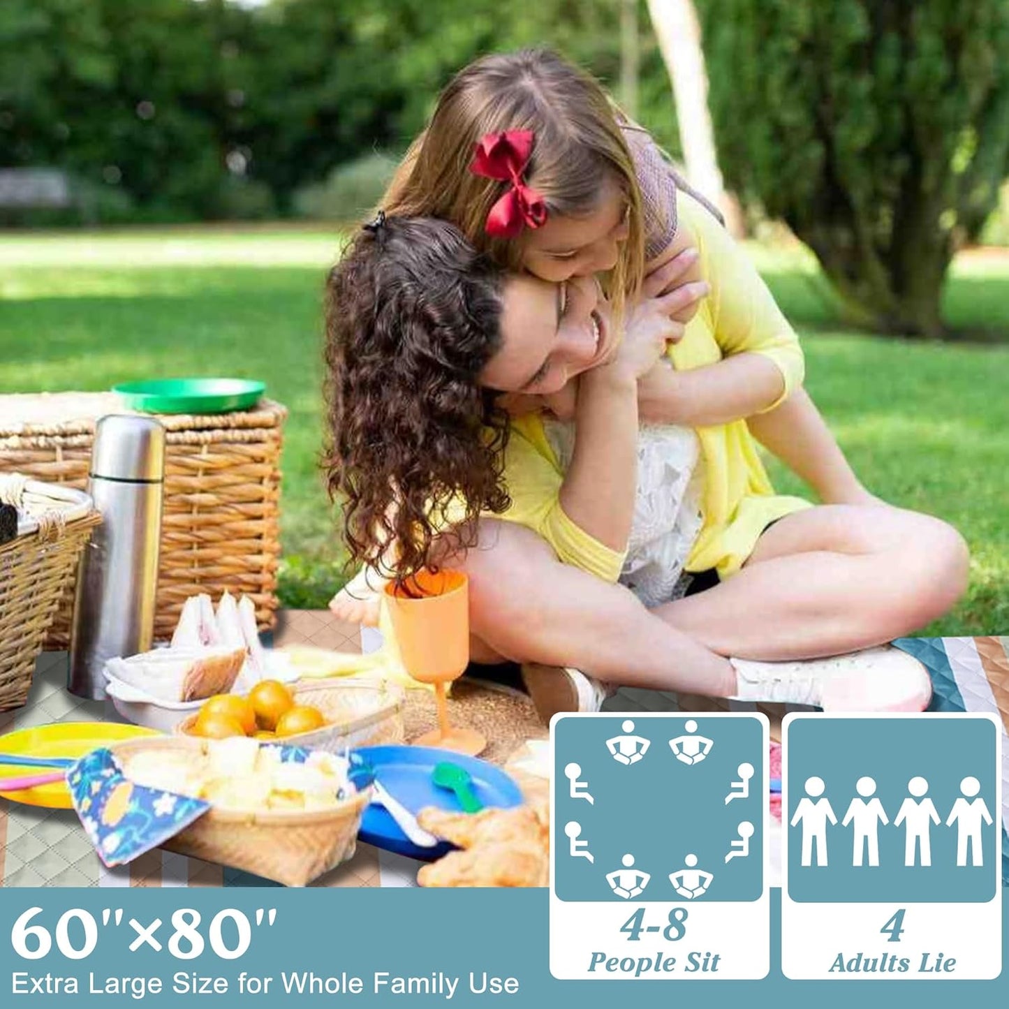 Waterproof Picnic Blanket 80" x 60" in Portable with Carry Strap for Beach Mat or Family Outdoor Camping Party, Park Blanket for Grass Park, Hiking, Travel, Concerts (Crystal Blue & Orange, 80" x 60")