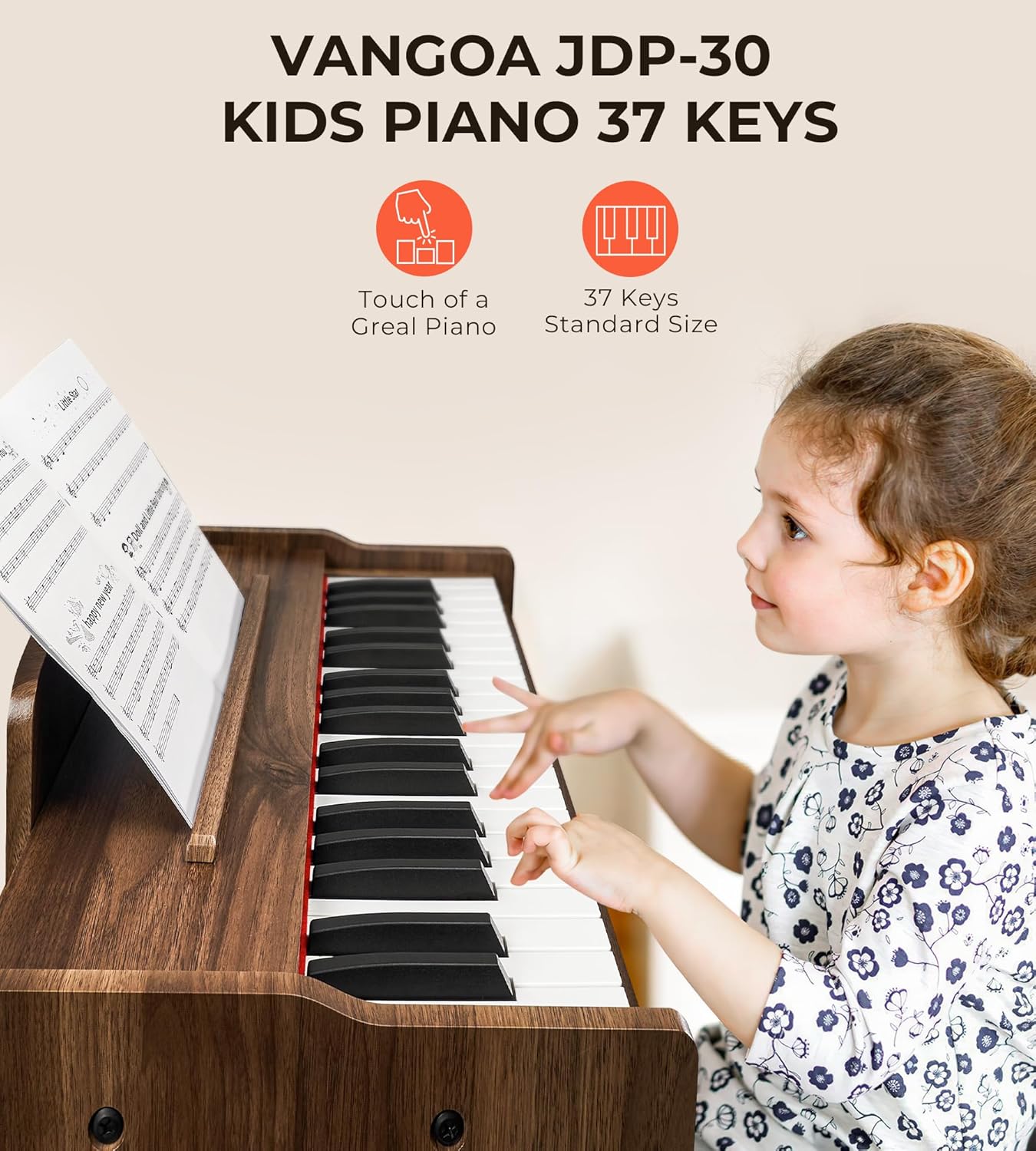 Vangoa Kids Piano Keyboard, 37 Keys Digital Piano for Kids, Music Educational Instrument Toy, Wood Piano for Girls and Boys, Dark Brown