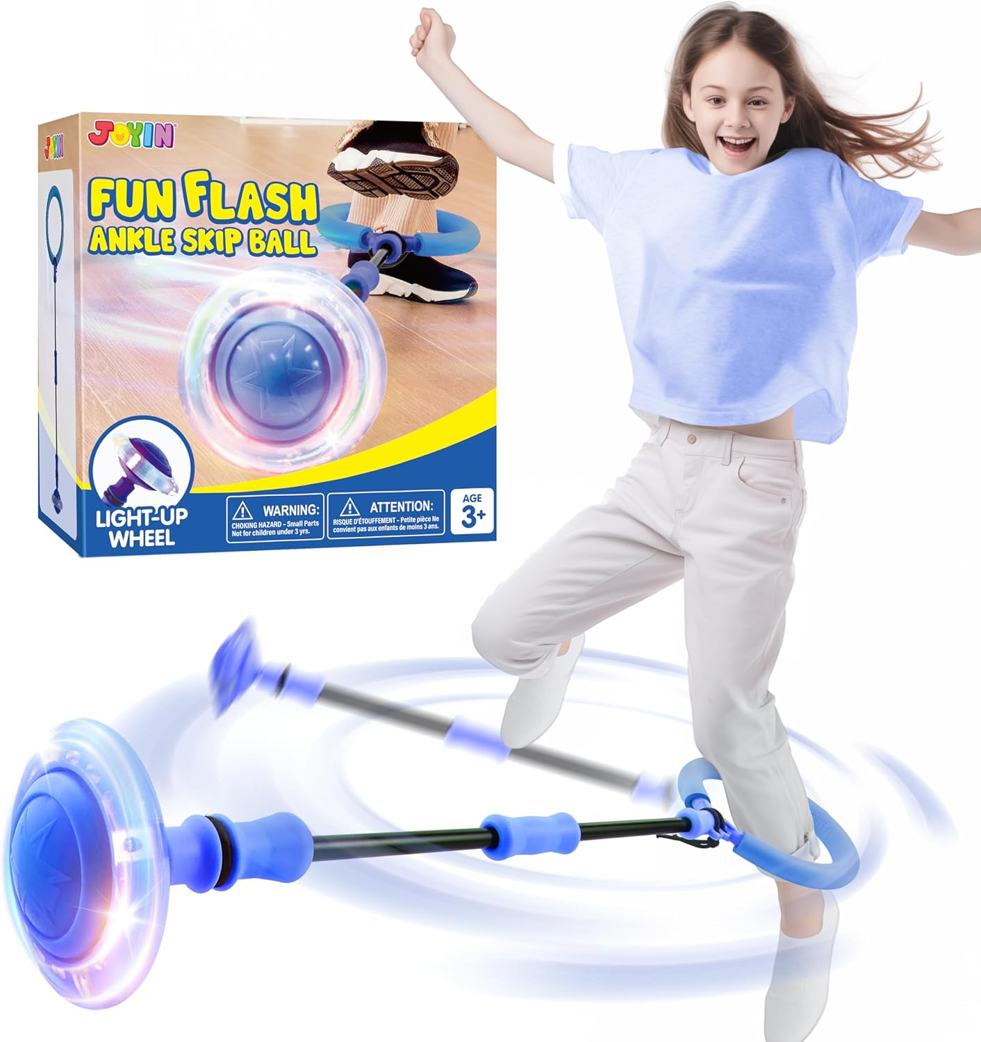 JOYIN Blue Ankle Skip Ball with Flashing Lights, Toy for Kids Indoor & Outdoor, Flashing Swing Ball Foldable Sports Toy, Birthday Gifts for Kids 3 4 5 +