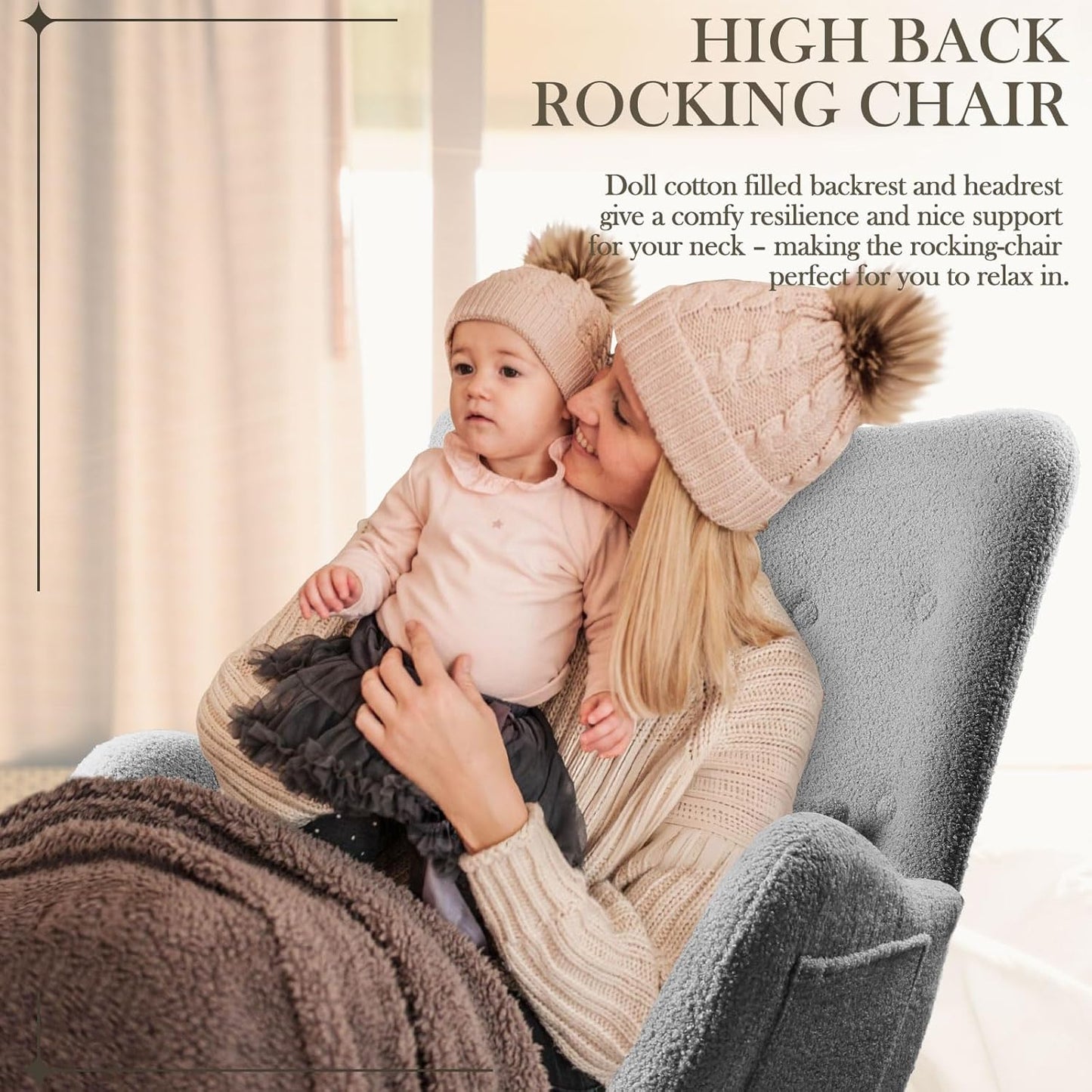 Waleaf Teddy Upholstered Rocking Chair Indoor with High Backrest Glider, Padded Seat Nursing Chair Comfy for Bedroom (Gray)