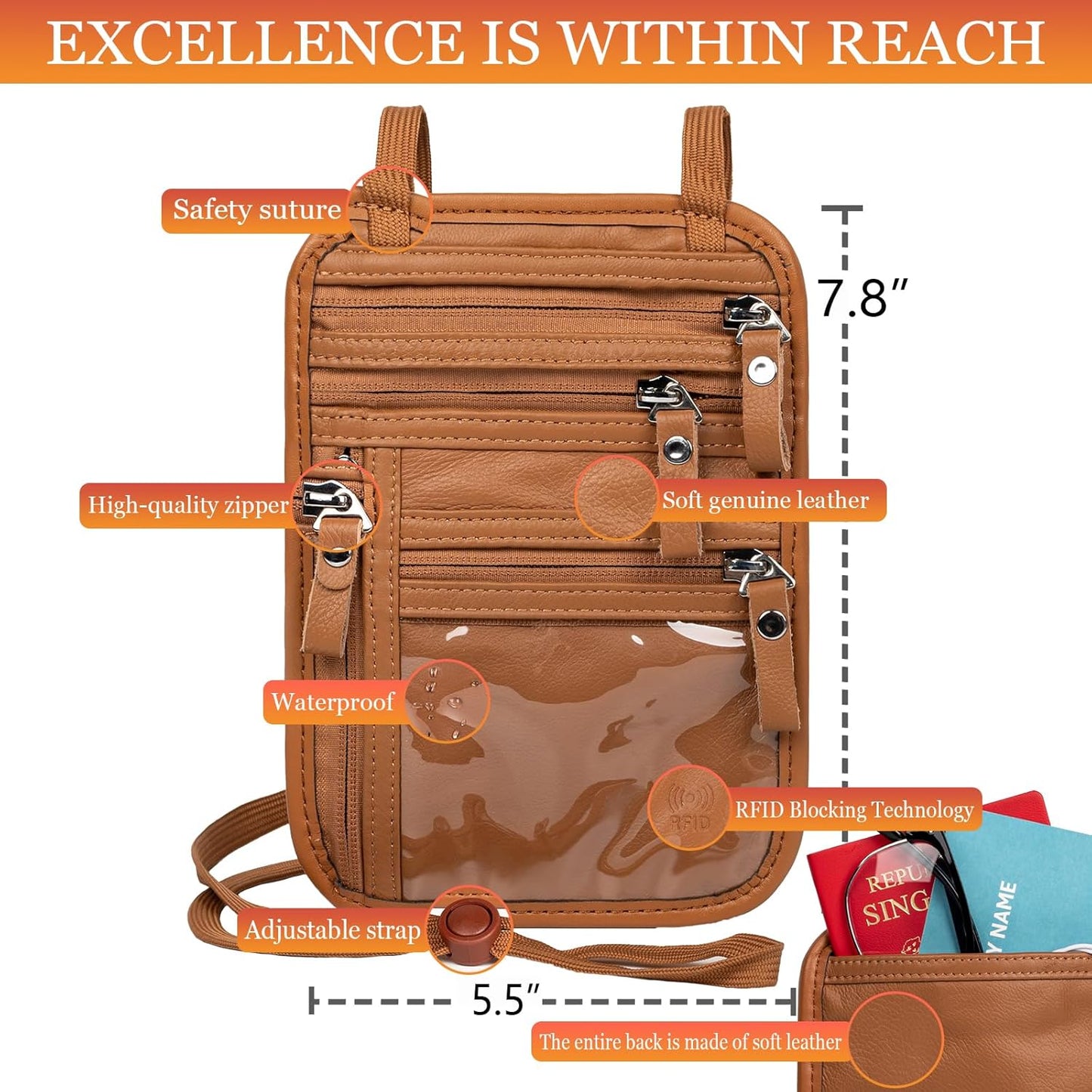 Neck Wallet - Rfid Wallet Women - passport holder for travel - Travel Wallet Passport Holder For Travel Women - 10.3x6.8inch (Yellowish Brown)