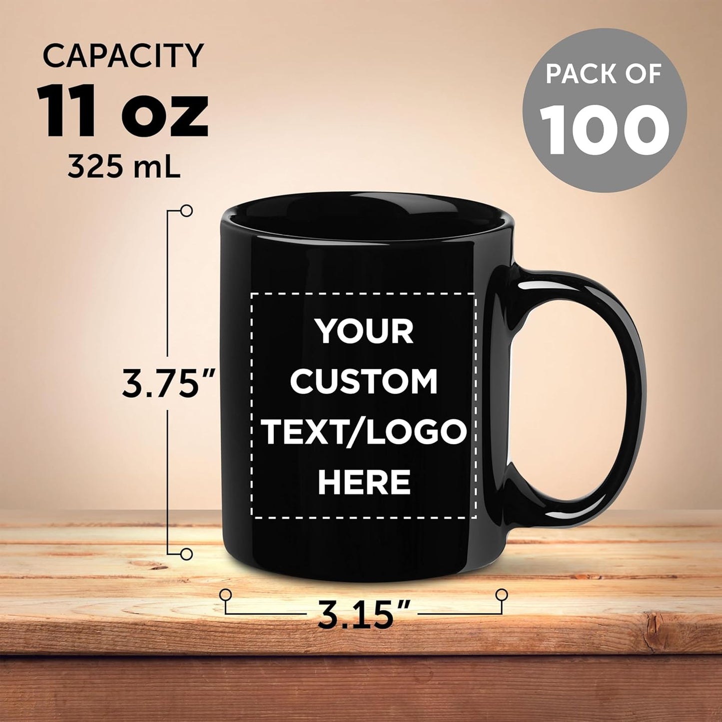 Custom Ceramic Coffee Mugs 11 oz. Set of 100, Personalized Bulk Pack - Coffee cup set, Iced coffee cup, Gaming mug - Black