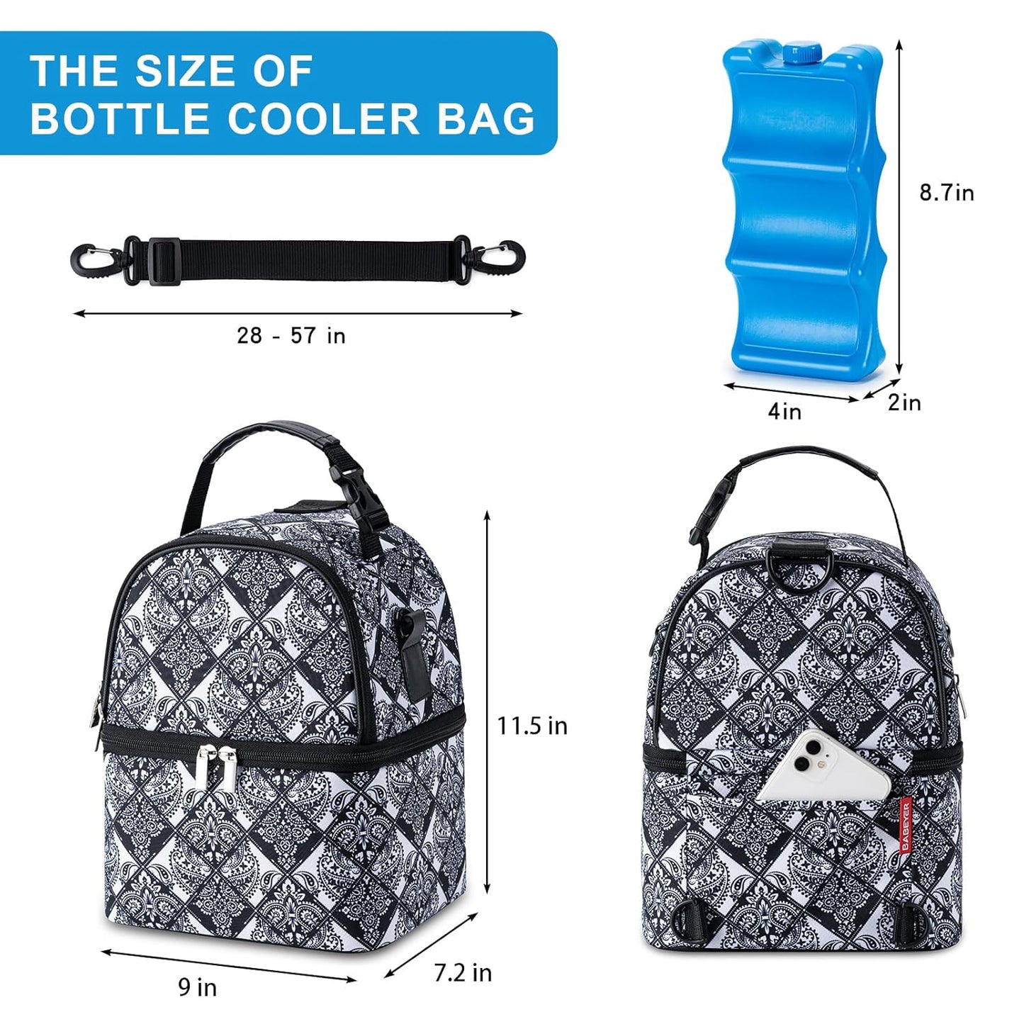 Breastmilk Cooler Bag with Ice Pack Fits 6 Baby Bottles up to 9 Ounce, Breast Milk Pump Cooler Bag with Shoulder Strap for Nursing Mom Daycare, Work, Travel- Black