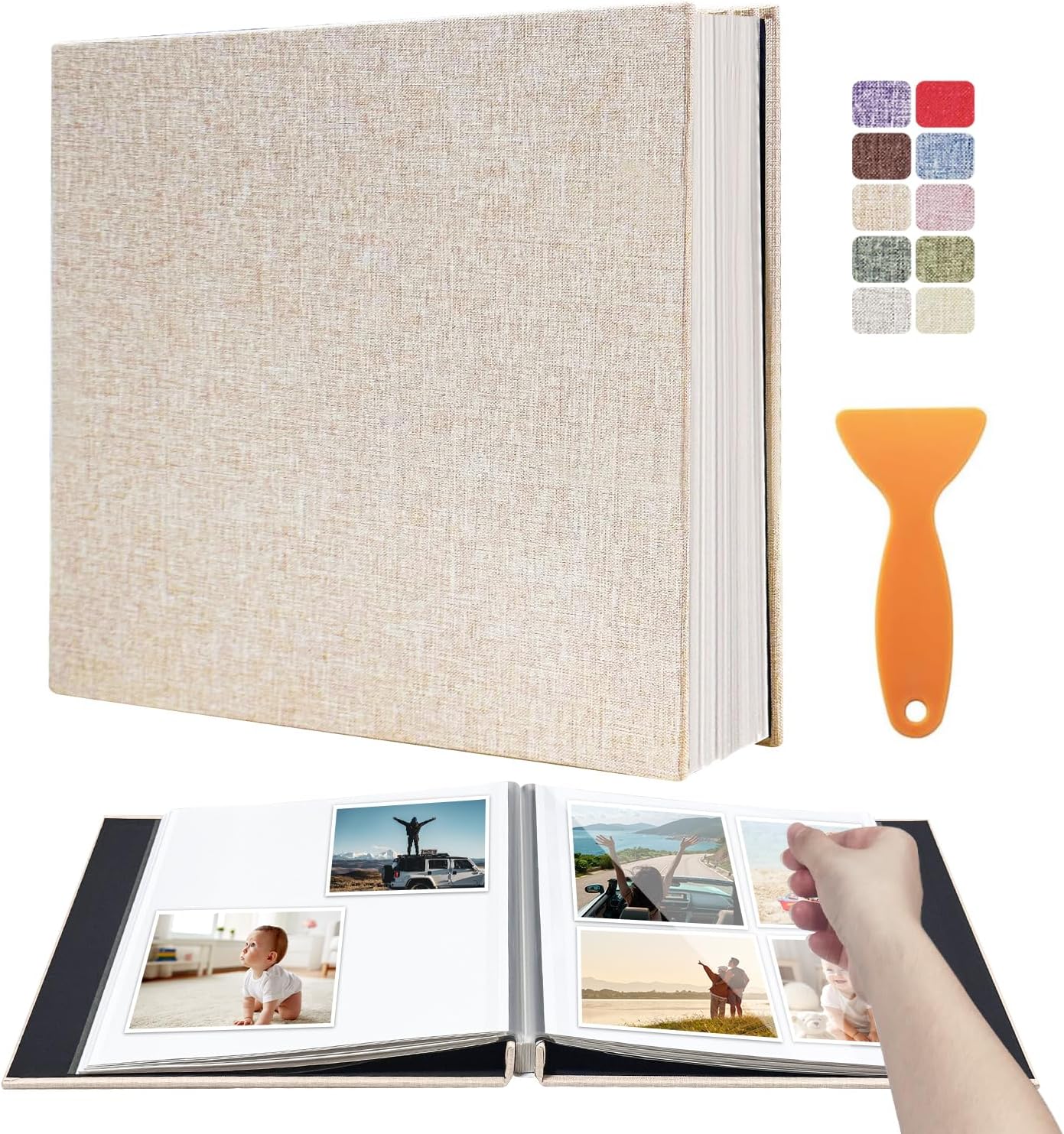 Large Photo Album Self Adhesive Scrapbook Album for 4×6 8×10 Pictures DIY Magnetic Linen Cover Album 40 Pages for Family Wedding Gifts with Metal Pen and Plastic Board