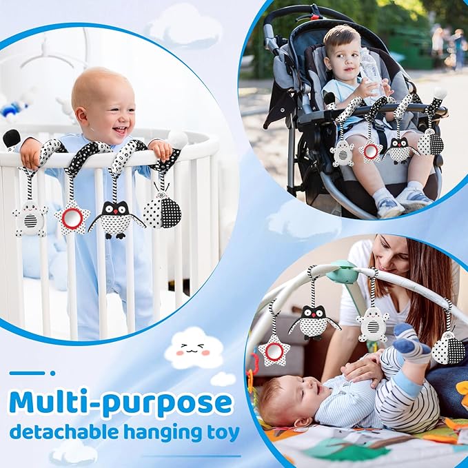 High Contrast Baby Toys - Black & White Hanging Toys for Car Seat, Stroller & Crib | Newborn Essentials 0-6 Months | Perfect