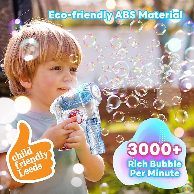 Kid Odyssey 2 Pack Bubble Gun with 4 Refill Solution and 3 Colorful LED Light, Bubble Machine for Kids, Bubble Maker for Party Favors, Birthday Gift, Indoor Outdoor Toys for Toddlers