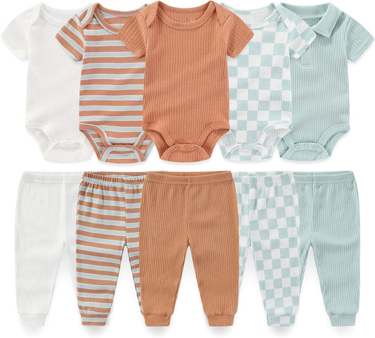 Baby Boy Girl 10 Piece Combined Type Clothing Set Cotton Baby Bodysuits and Pants Set Home Outdoor Infant Clothes