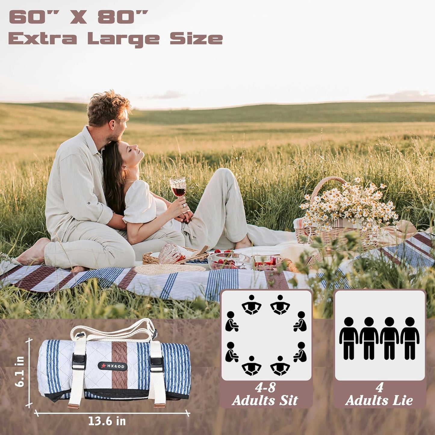 Waterproof Picnic Mat, Outdoor Camping Oversized Field Blanket. Portable Thickened Camping Blanket, Suitable for Beach, Camping, Music Festival, Party, Outdoor Adventure. (Brown&Blue&White, 80”x60”)