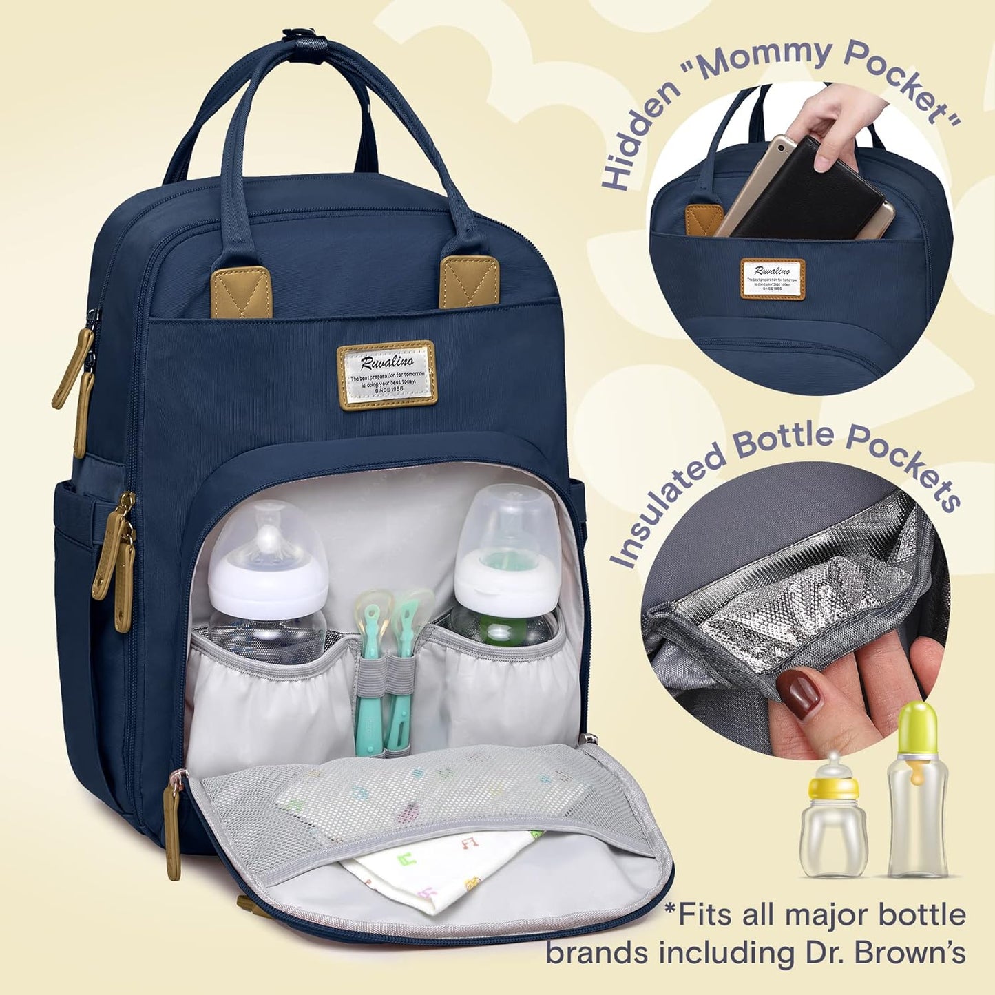 RUVALINO Diaper Bag Backpack, Multifunction Travel Pack Maternity Baby Changing Bags, Large Capacity, Waterproof, Peacock Blue