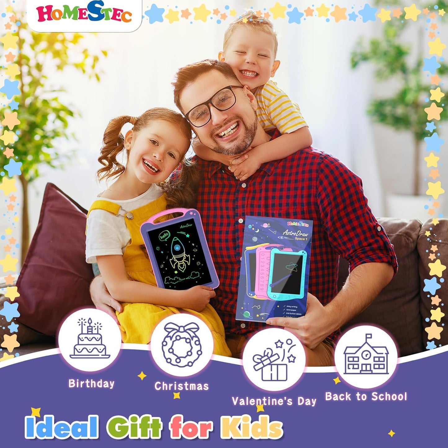 Astrodraw Drawing Pad Toys, Colorful LCD Writing Tablet for Kids, Doodle Board for Toddlers 3 4 5 6 Years Old, Travel Sensory Space Toy for Boys Girls, Birthday Gift Idea (Purple/Pink)
