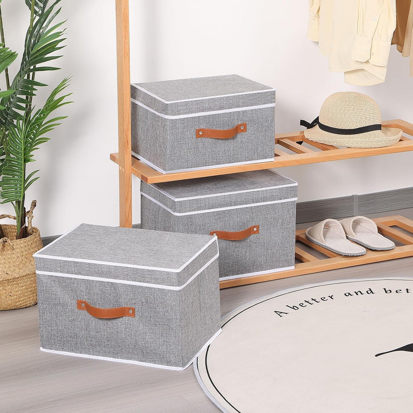 Collapsible Storage Bins with Lids, Linen Foldable Cloth Baskets, 17.7 x 11.8 x 11.8 Inch Closet Organizer Containers with Double Handles, Sweater Boxes for Bedroom, Grey, 1 Pack