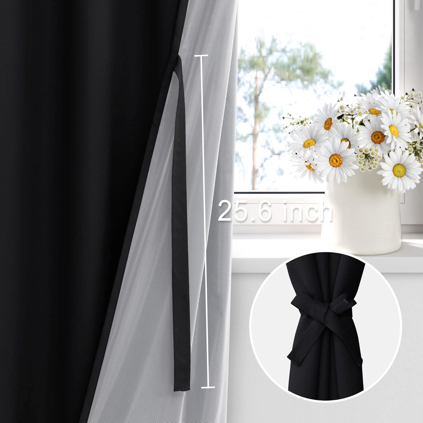 XWZO Complete Blackout Window Curtain Panels with Tiebacks- Noise Reduction and Light Blocking Rod Pocket Curtains with Black Liner for Studio, Basement Room, Black, W42 x L72, Set of 2