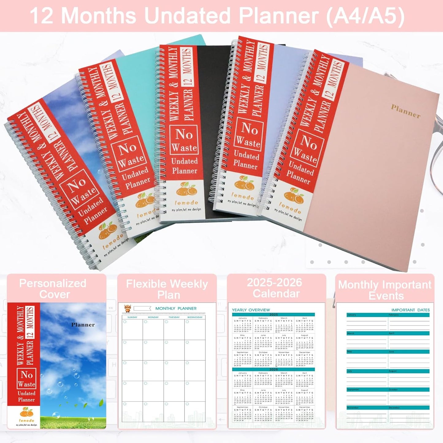 LEMEDE No Waste 12 Months Undated Planner, Handwritten Date Weekly and Monthly Planners, A5 Flexible Cover Weekly Planner To Do List Notebook with Storage Pocket, Ideal for Office School Supplies