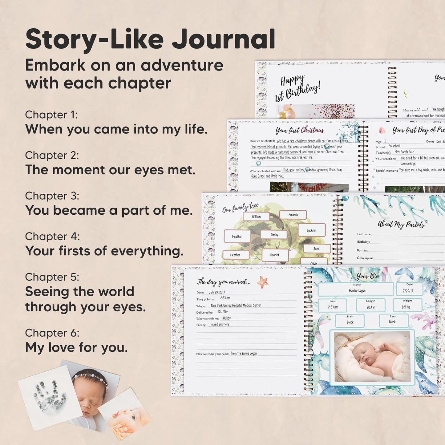 First 5 Years Baby Memory Book Girl, Boy - 90 Pages Hardcover First Year Milestone Keepsake Book, Newborn Scrapbook for New Parents, Minimalist Photo Album Journal, Gift for Baby Shower (SeaWorld)