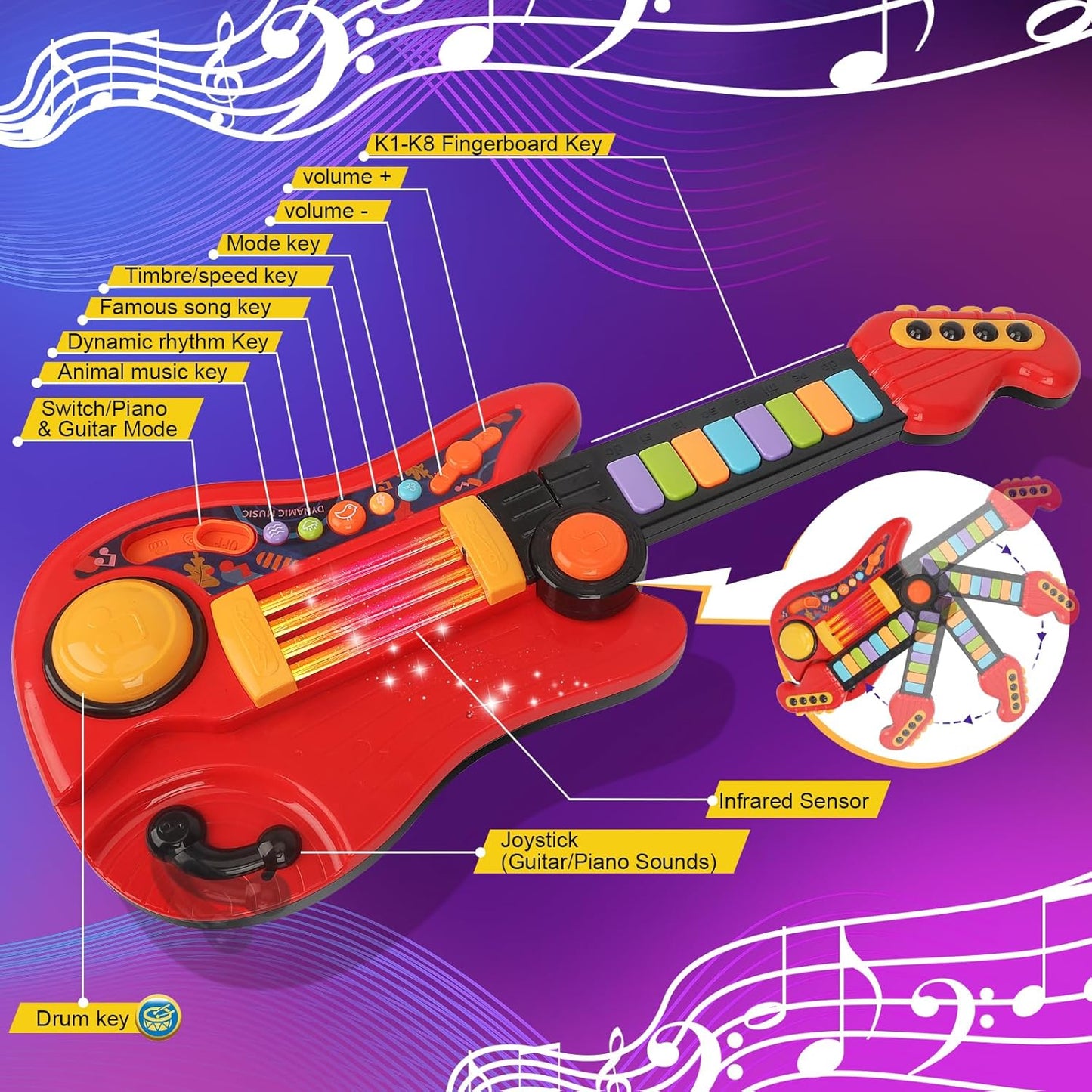 Kids Guitar Toy for 3 Year Old Boy Birthday Gift 2-in-1 Electric Guitars & Piano for Toddlers 2-4 Light Up Music Toys for 3 4 5 Year Old Boys Girls Gifts