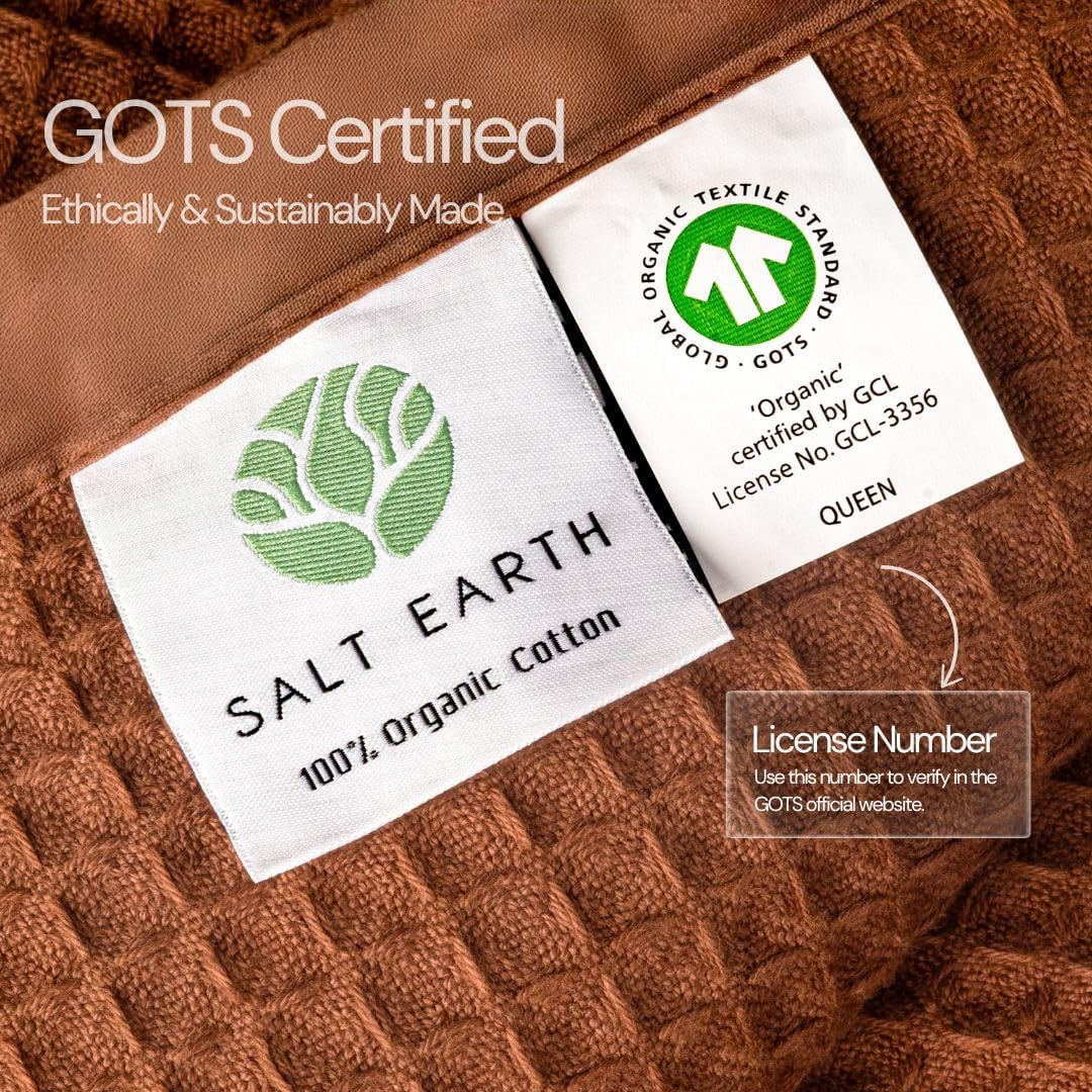 Salt Earth GOTS Certified 100% Organic Cotton Throw Blanket, 90" X 90" Blankets & Throws for Bed, Throw Blanket for Couch,Modern & Cozy Blanket, All Season Waffle Blanket, Soft Blanket (Potting Soil)